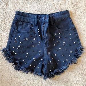 Star studded cutoff black denim shirts high waisted festival